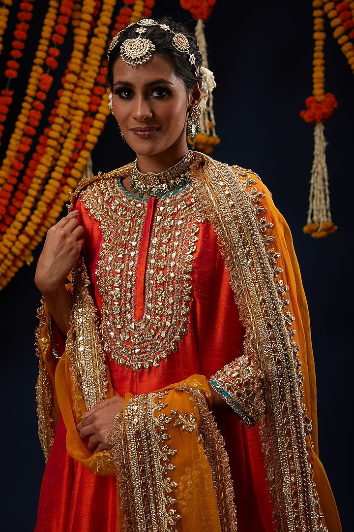 Rust Red Raw Silk Gota Embroidered Flared Bridal Anarkali Set by Preeti S Kapoor at Pernia's Pop Up Shop