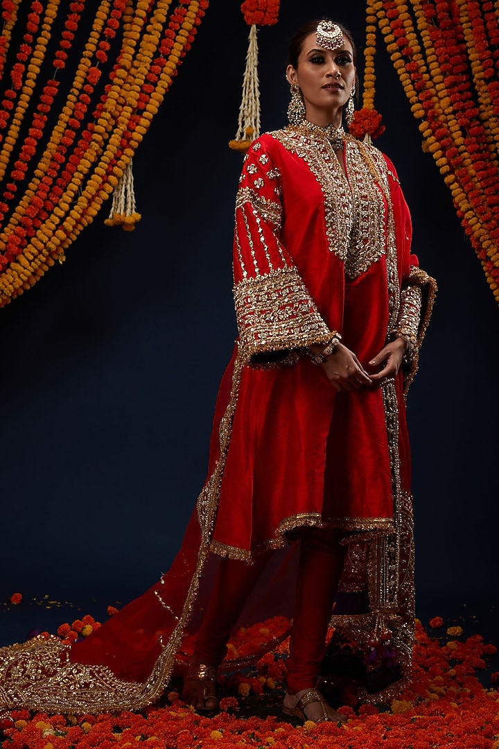 Red Raw Silk Gota & Kundan Embroidered Kurta Set by Preeti S Kapoor at Pernia's Pop Up Shop