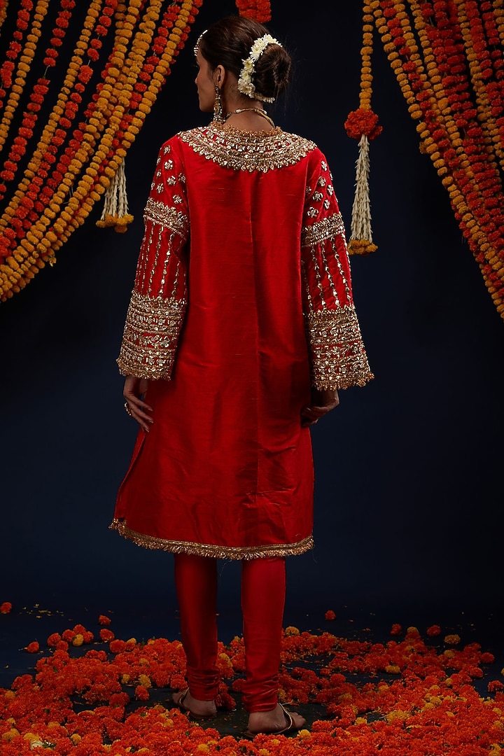 Red Raw Silk Gota & Kundan Embroidered Kurta Set by Preeti S Kapoor at Pernia's Pop Up Shop