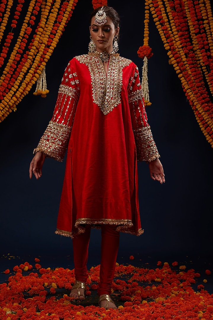 Red Raw Silk Gota & Kundan Embroidered Kurta Set by Preeti S Kapoor at Pernia's Pop Up Shop