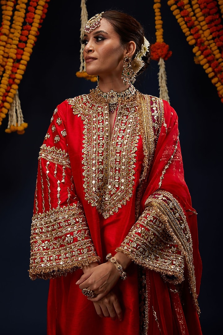 Red Raw Silk Gota & Kundan Embroidered Kurta Set by Preeti S Kapoor at Pernia's Pop Up Shop