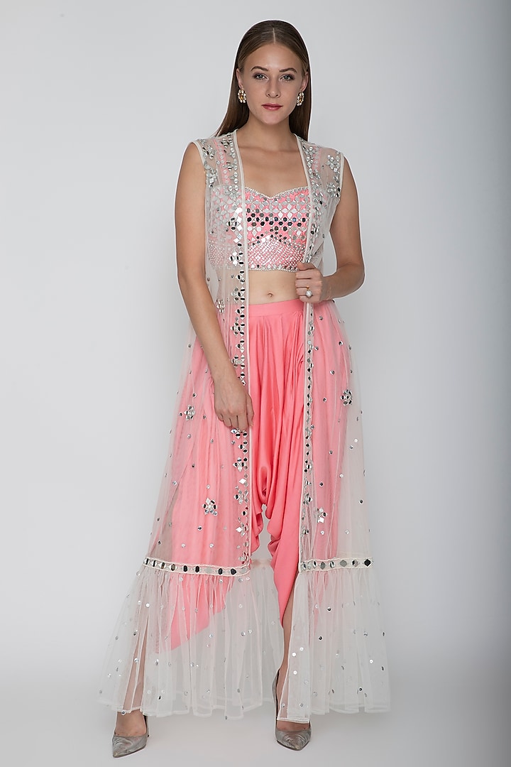 Blush Pink Embroidered Blouse With Dhoti Pants & White Cape by Preeti S Kapoor