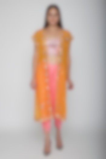 Blush Pink Embroidered Blouse With Dhoti Pants & Orange Cape by Preeti S Kapoor