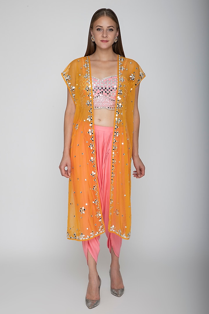 Blush Pink Embroidered Blouse With Dhoti Pants & Orange Cape by Preeti S Kapoor