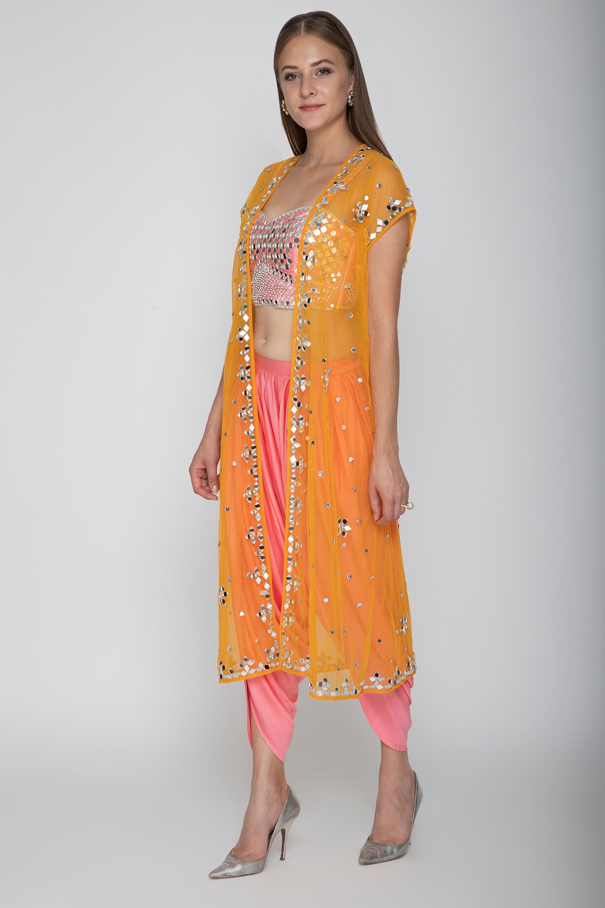 Blush Pink Embroidered Blouse With Dhoti Pants & Sky Blue Cape main image 1