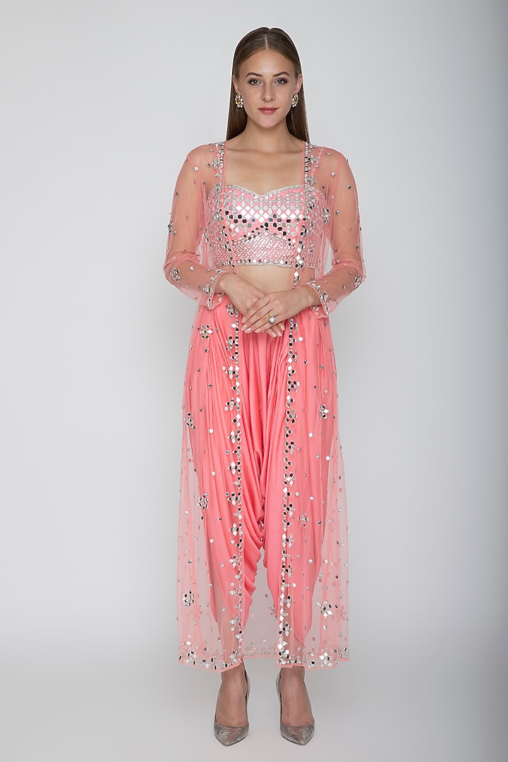 Blush Pink Embroidered Blouse With Dhoti Pants & Cape by Preeti S Kapoor at Pernia's Pop Up Shop
