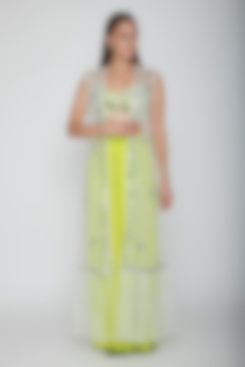 Lime Green Embroidered Blouse With Palazzo Pants & White Cape by Preeti S Kapoor