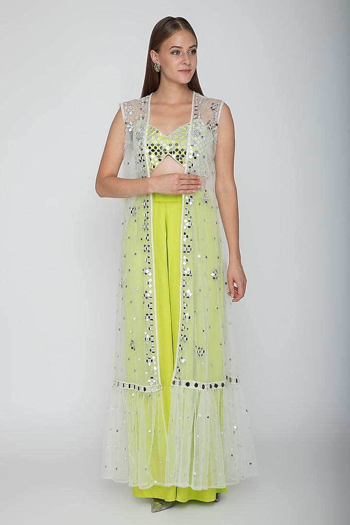 Lime Green Embroidered Blouse With Palazzo Pants & White Cape by Preeti S Kapoor