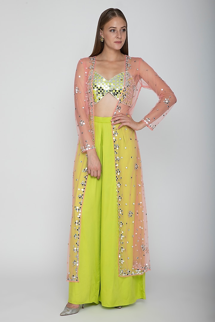 Lime Green Embroidered Blouse With Palazzo Pants & Blush Pink Cape by Preeti S Kapoor