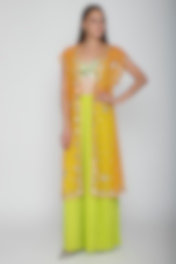 Lime Green Embroidered Blouse With Palazzo Pants & Orange Cape by Preeti S Kapoor