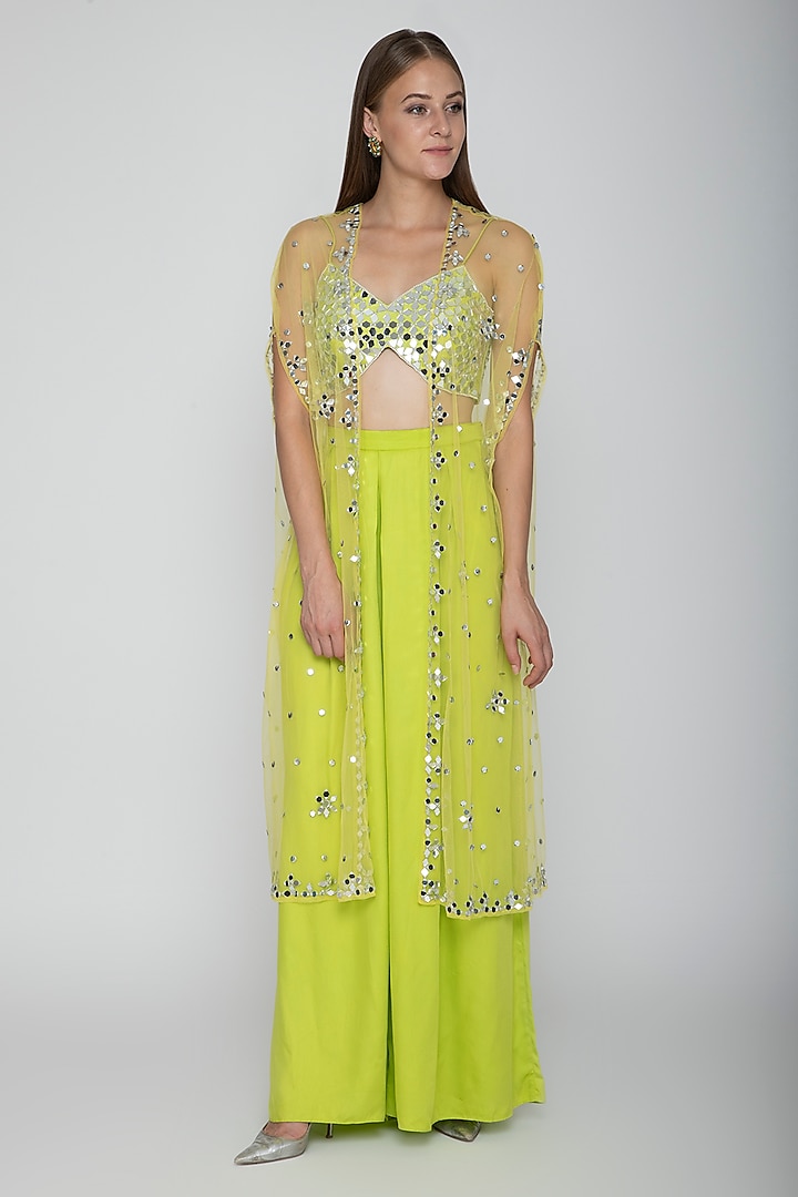 Lime Green Embroidered Blouse With Palazzo Pants & Net Cape by Preeti S Kapoor