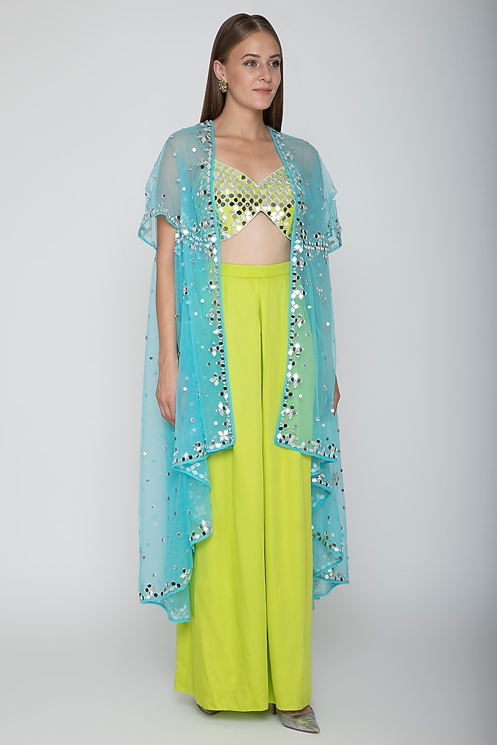 Lime Green Embroidered Blouse With Palazzo Pants & Sky Blue Cape by Preeti S Kapoor