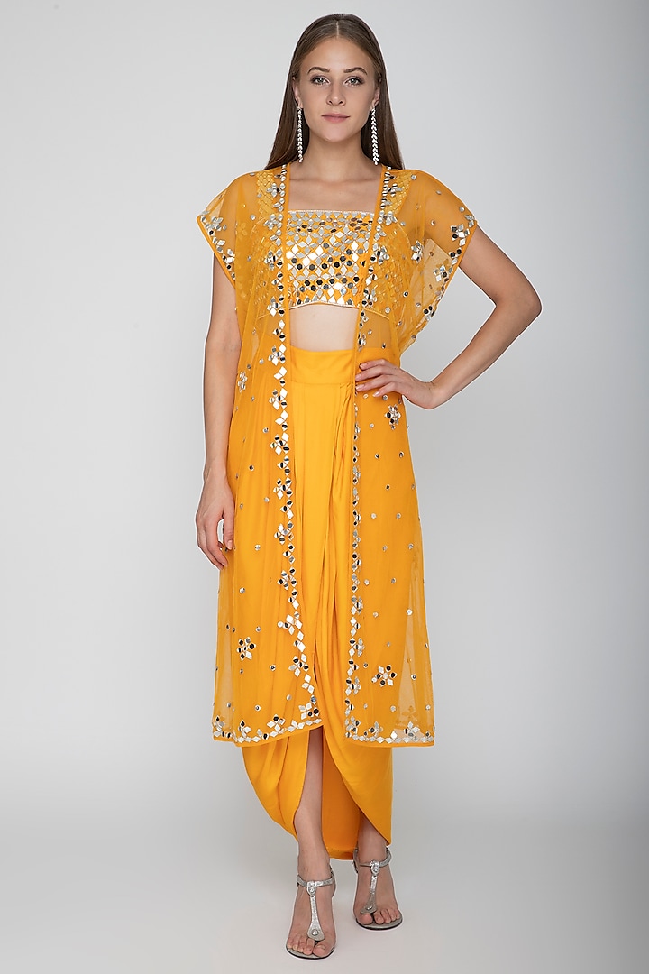 Orange Embroidered Blouse With Dhoti Skirt & Cape by Preeti S Kapoor