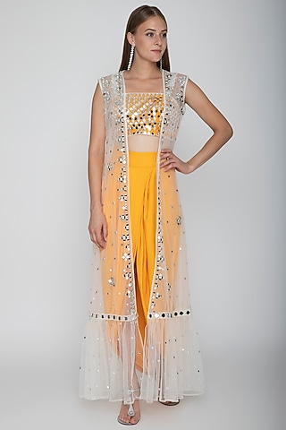 Orange Embroidered Blouse With Dhoti Skirt & White Cape by Preeti S Kapoor