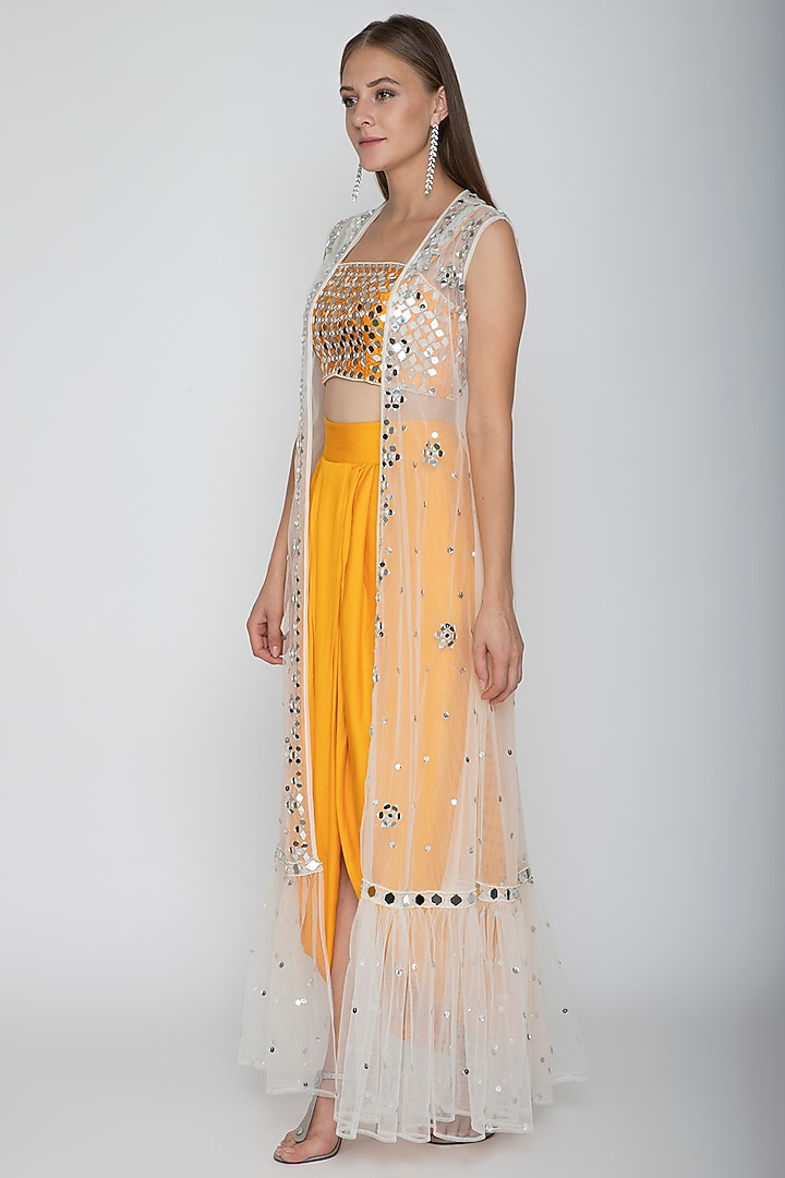 Orange Embroidered Blouse With Dhoti Skirt & White Cape by Preeti S Kapoor at Pernia's Pop Up Shop