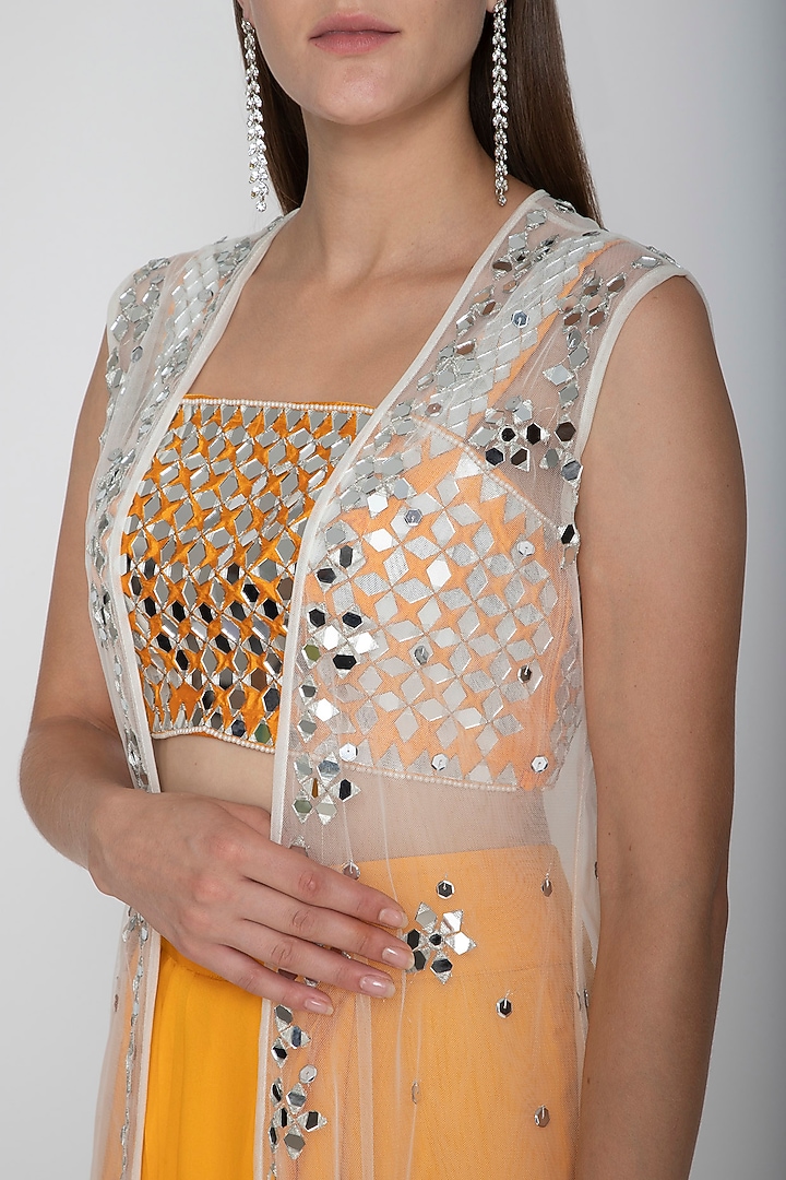 Orange Embroidered Blouse With Dhoti Skirt & White Cape by Preeti S Kapoor at Pernia's Pop Up Shop
