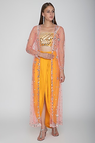 Orange Embroidered Blouse With Dhoti Skirt & Blush Pink Cape by Preeti S Kapoor
