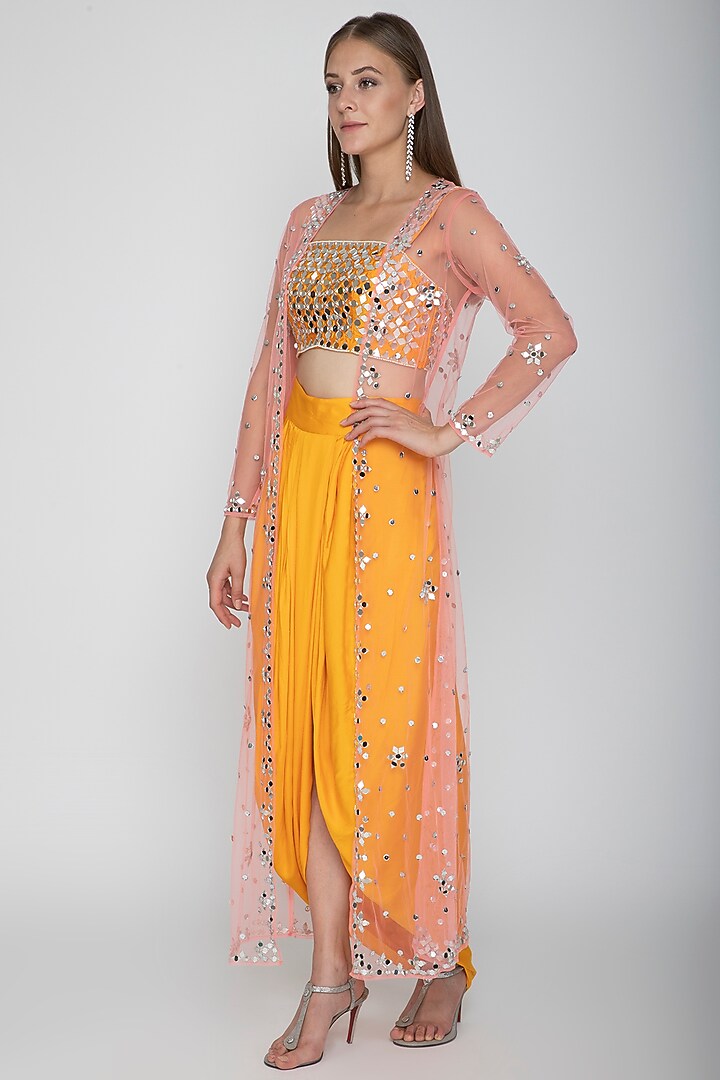 Orange Embroidered Blouse With Dhoti Skirt & Blush Pink Cape by Preeti S Kapoor at Pernia's Pop Up Shop