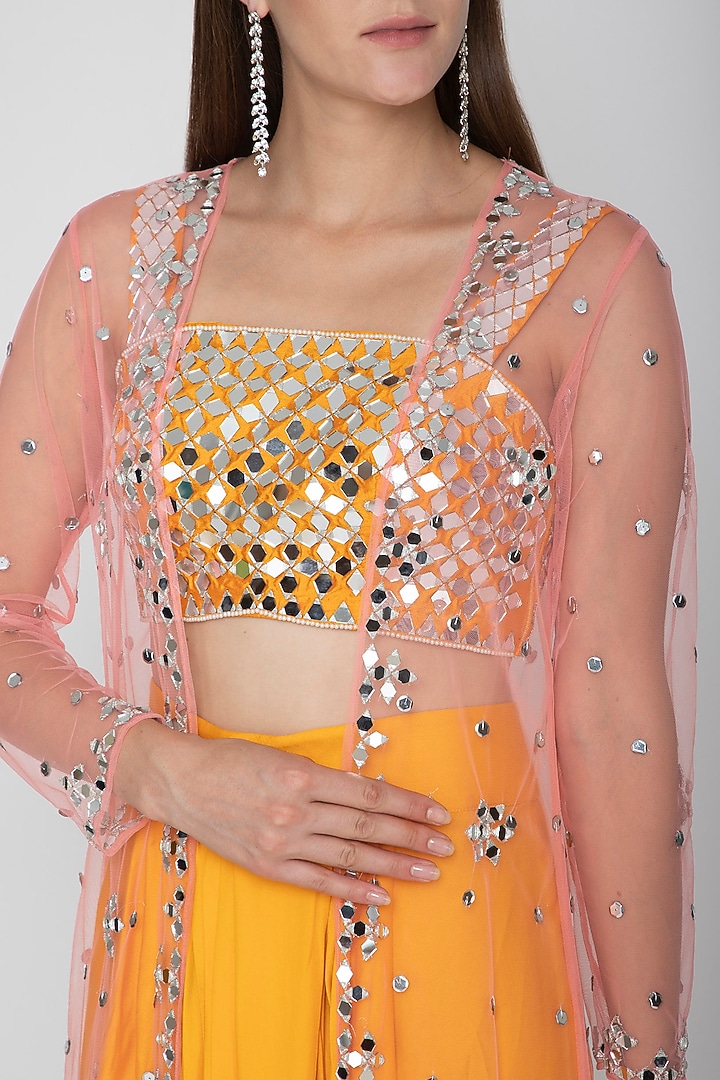 Orange Embroidered Blouse With Dhoti Skirt & Blush Pink Cape by Preeti S Kapoor at Pernia's Pop Up Shop