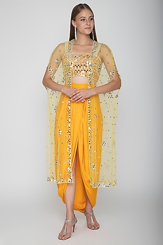 Mango Yellow Embroidered Blouse With Dhoti Skirt & Yellow Cape by Preeti S Kapoor