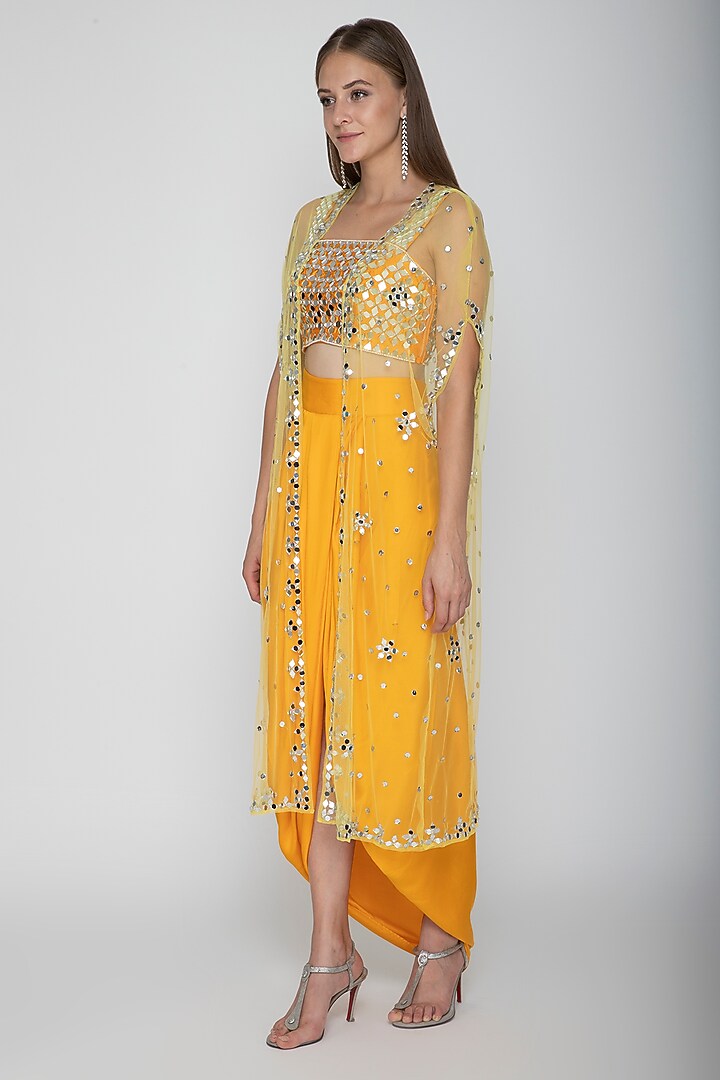 Mango Yellow Embroidered Blouse With Dhoti Skirt & Yellow Cape by Preeti S Kapoor at Pernia's Pop Up Shop