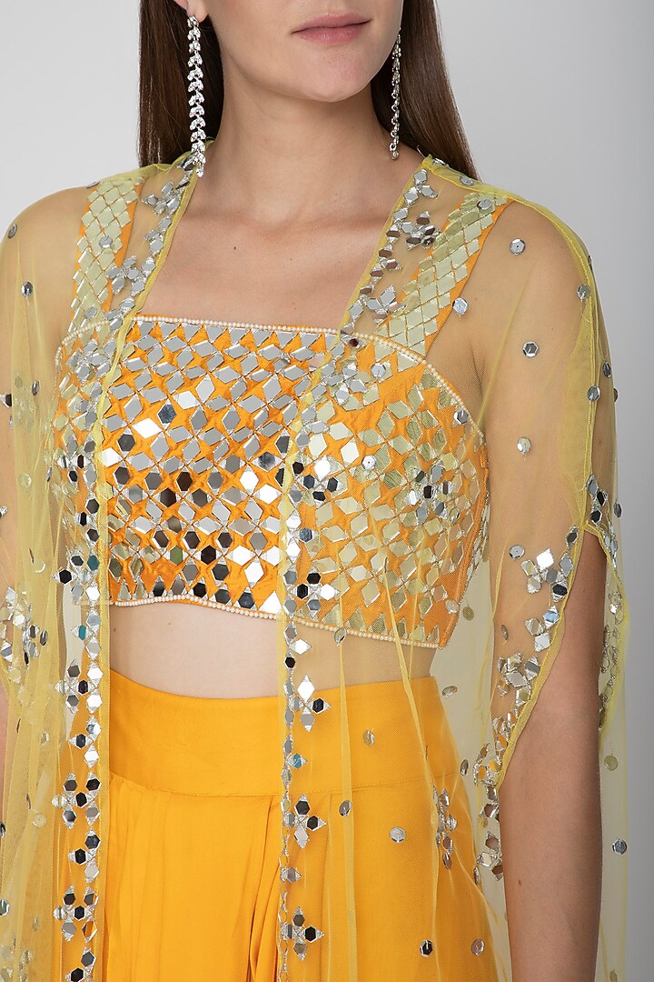 Mango Yellow Embroidered Blouse With Dhoti Skirt & Yellow Cape by Preeti S Kapoor at Pernia's Pop Up Shop