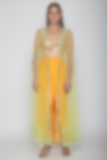 Mango Yellow Embroidered Blouse With Dhoti Skirt & Lime Yellow Cape by Preeti S Kapoor