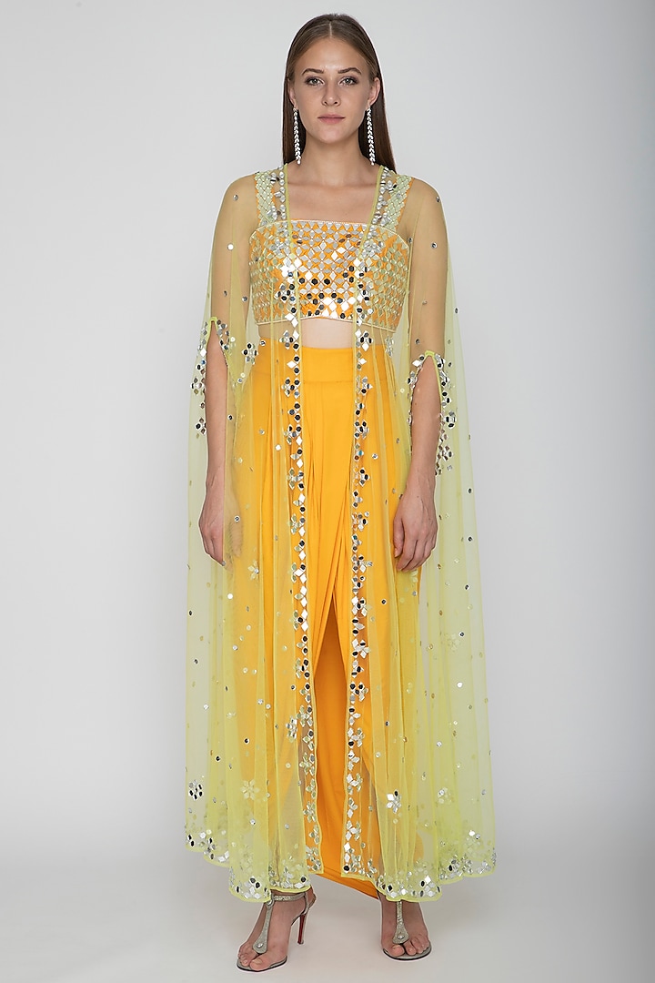 Mango Yellow Embroidered Blouse With Dhoti Skirt & Lime Yellow Cape by Preeti S Kapoor