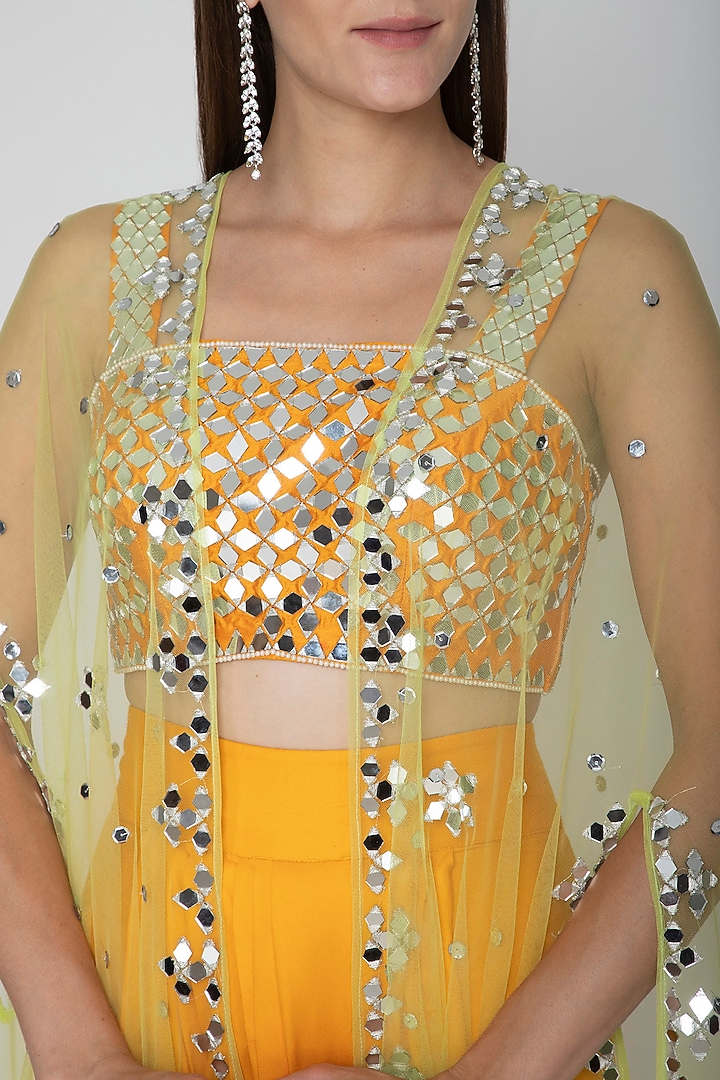 Mango Yellow Embroidered Blouse With Dhoti Skirt & Lime Yellow Cape by Preeti S Kapoor at Pernia's Pop Up Shop