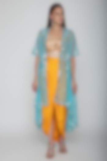Mango Yellow Embroidered Blouse With Dhoti Skirt & Sky Blue Cape by Preeti S Kapoor