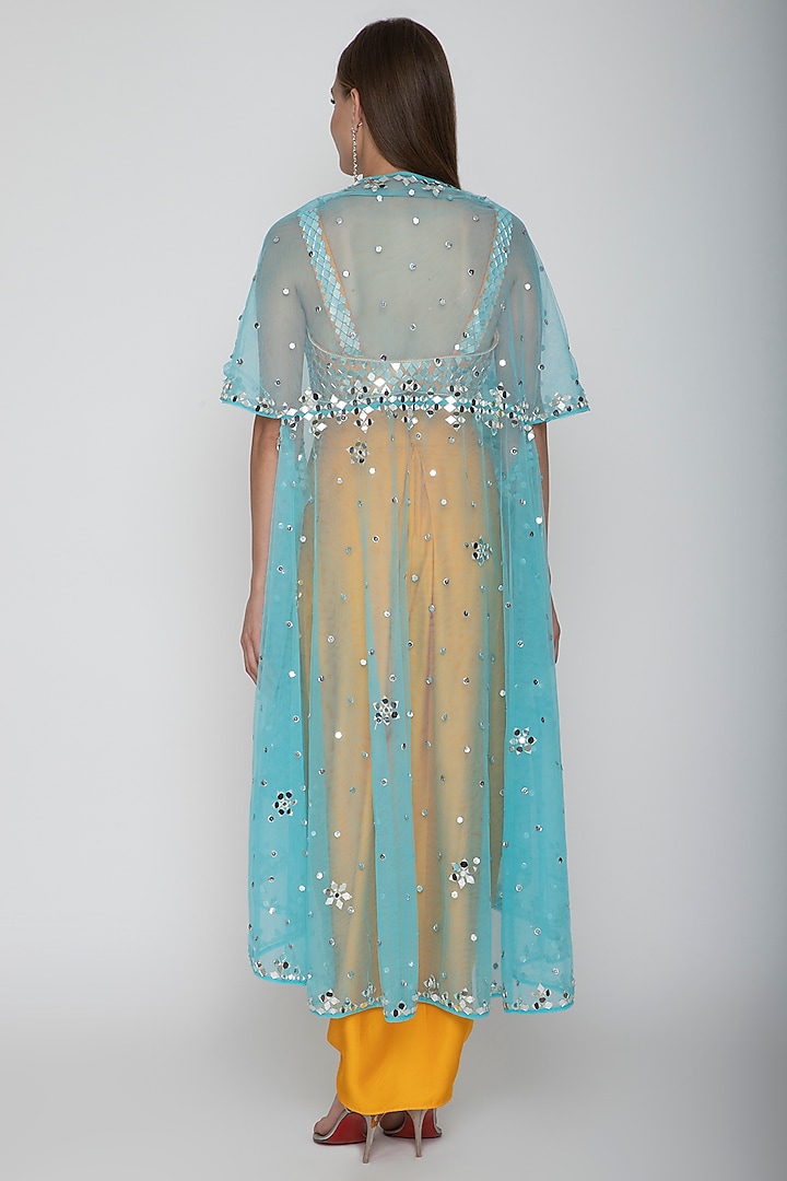 Mango Yellow Embroidered Blouse With Dhoti Skirt & Sky Blue Cape by Preeti S Kapoor at Pernia's Pop Up Shop