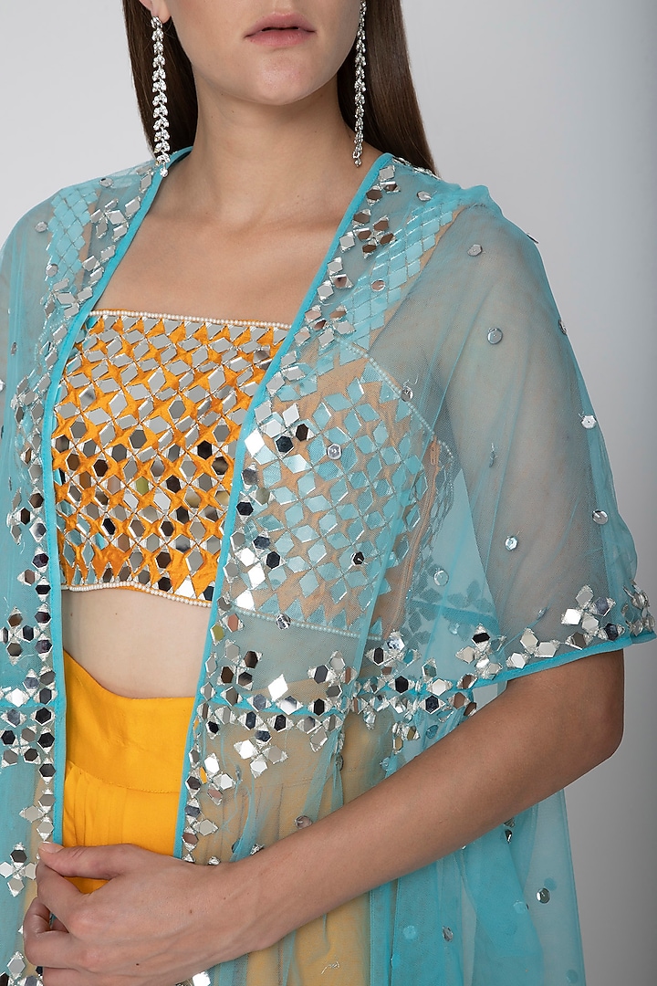 Mango Yellow Embroidered Blouse With Dhoti Skirt & Sky Blue Cape by Preeti S Kapoor at Pernia's Pop Up Shop