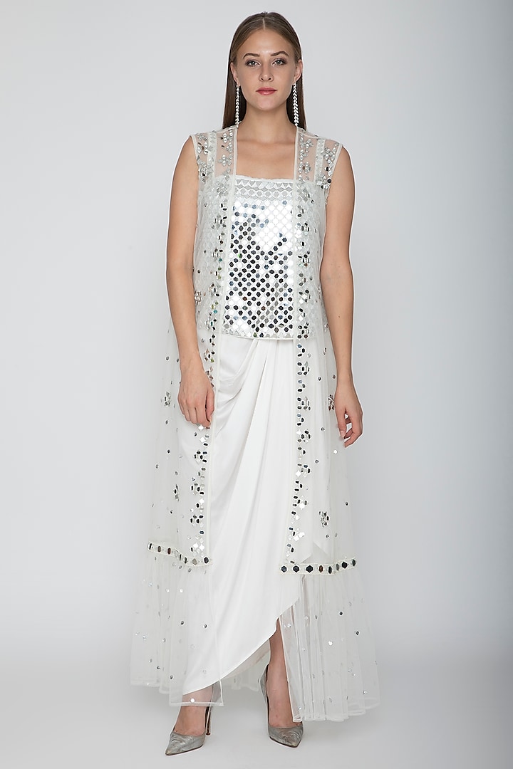 White Embroidered Blouse With Dhoti Skirt & Cape by Preeti S Kapoor