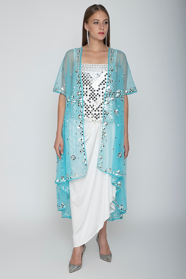 White Embroidered Blouse With Dhoti Skirt & Sky Blue Cape by Preeti S Kapoor