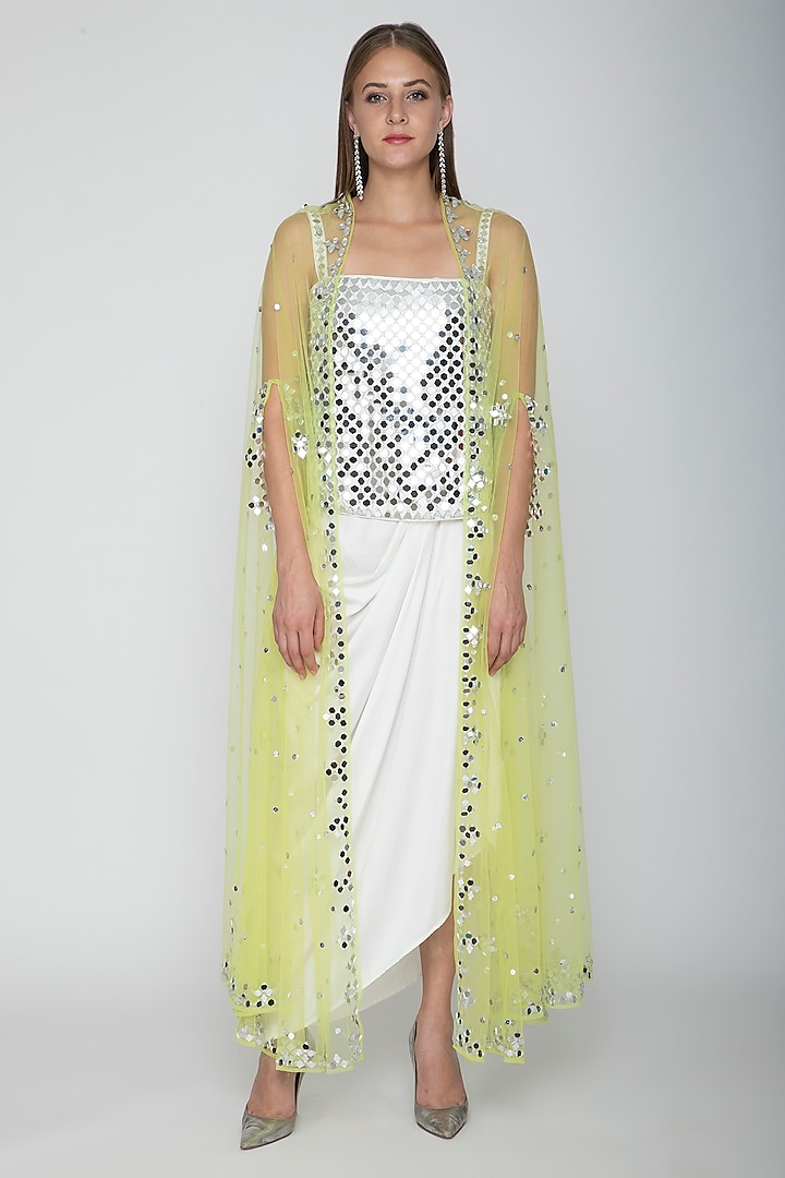White Embroidered Blouse With Dhoti Skirt & Lime Yellow Cape by Preeti S Kapoor