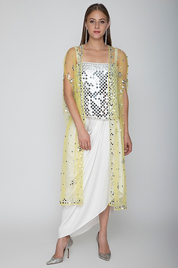 White Embroidered Blouse With Dhoti Skirt & Yellow Cape by Preeti S Kapoor