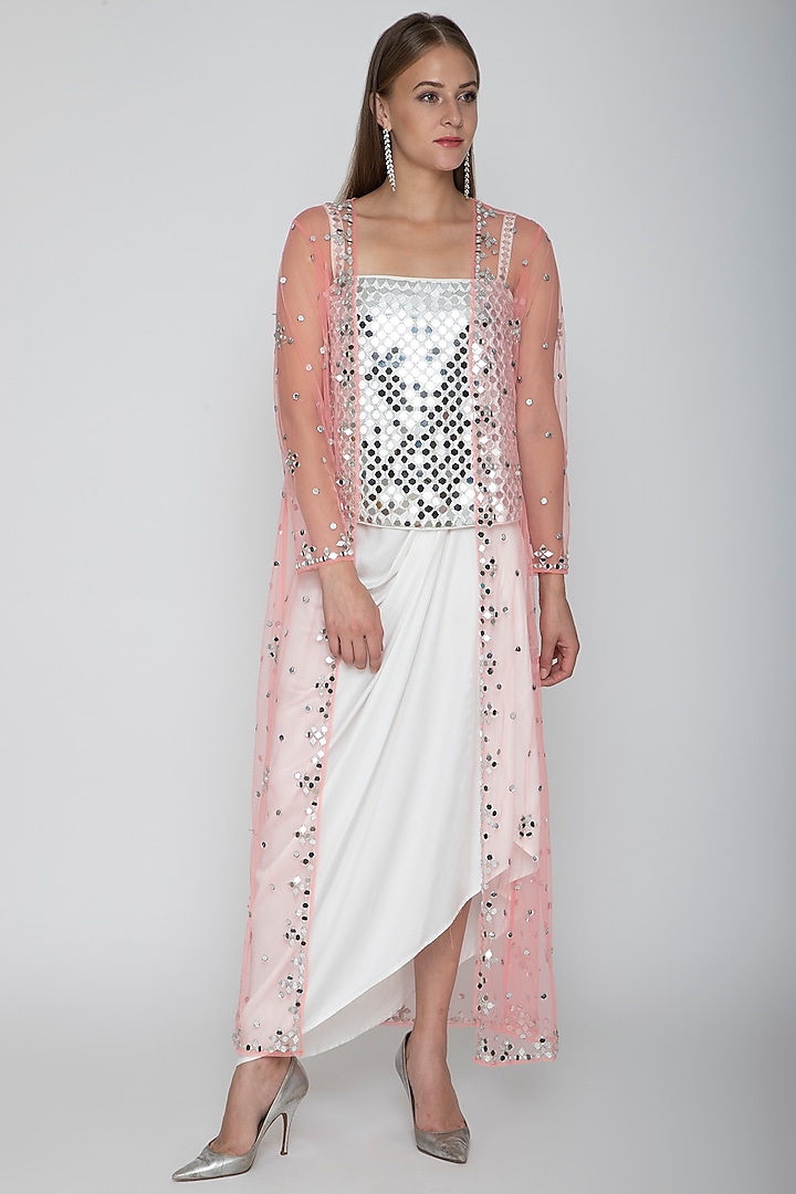 White Embroidered Blouse With Dhoti Skirt & Blush Pink Cape by Preeti S Kapoor
