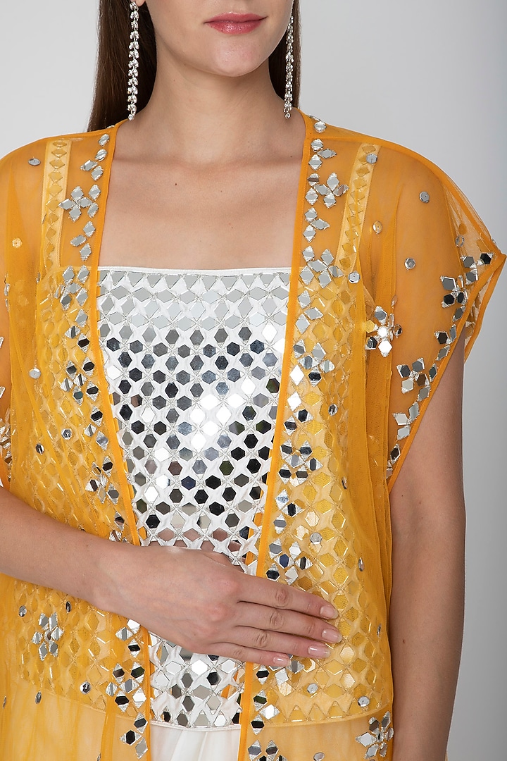 White Embroidered Blouse With Dhoti Skirt & Orange Cape by Preeti S Kapoor at Pernia's Pop Up Shop