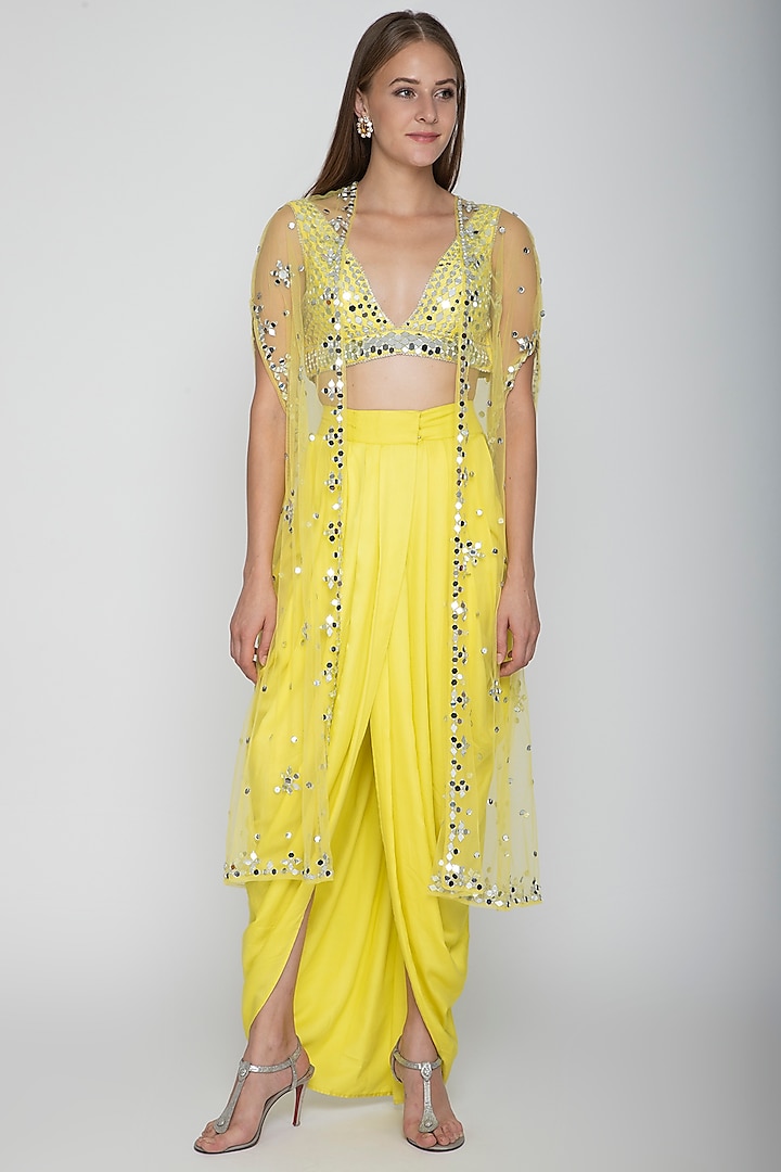 Yellow Embroidered Blouse With Dhoti Skirt & Cape by Preeti S Kapoor