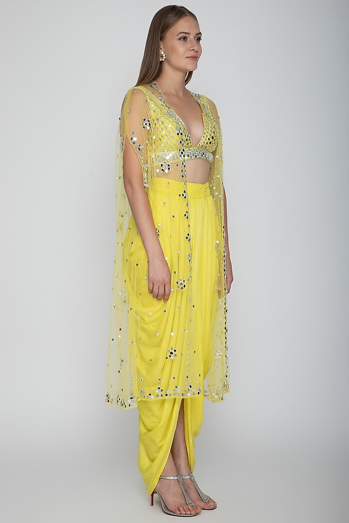 Yellow Embroidered Blouse With Dhoti Skirt & Cape by Preeti S Kapoor at Pernia's Pop Up Shop