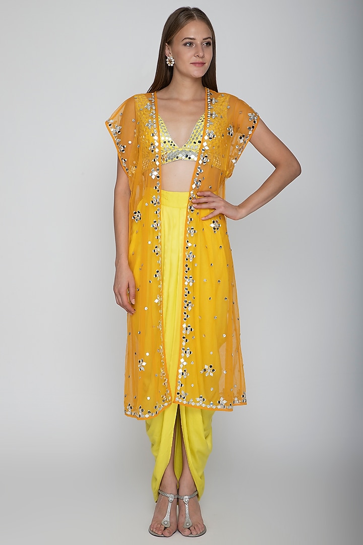 Yellow Embroidered Blouse With Dhoti Skirt & Orange Cape by Preeti S Kapoor