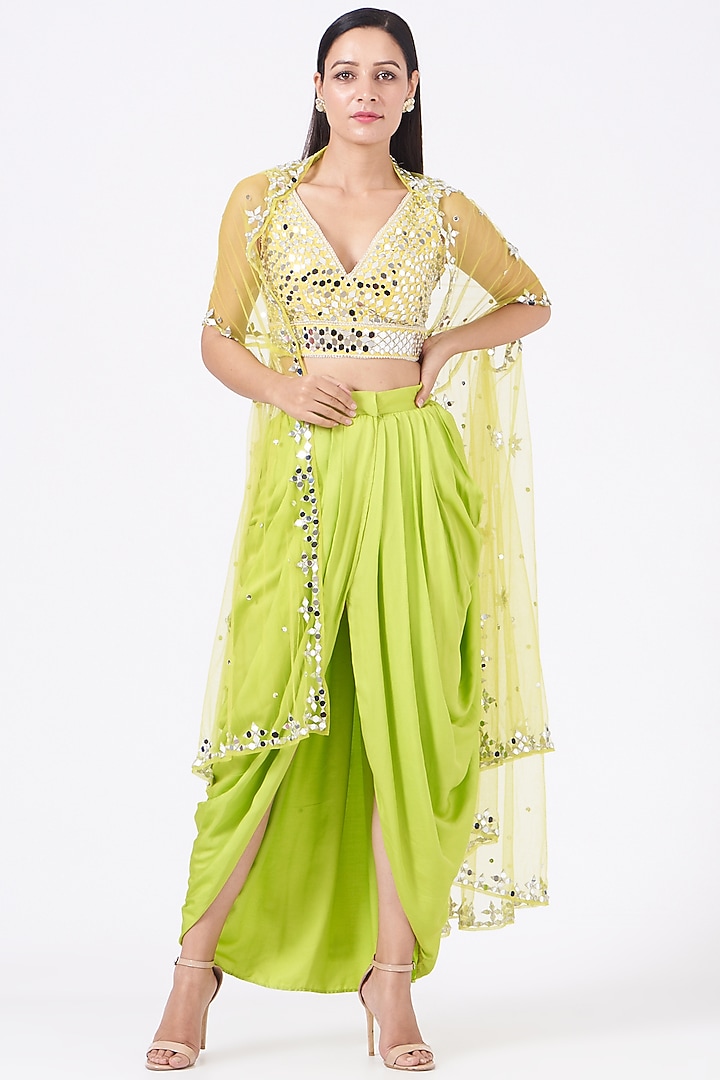 Yellow Embroidered Blouse With Dhoti Skirt & Orange Cape by Preeti S Kapoor at Pernia's Pop Up Shop