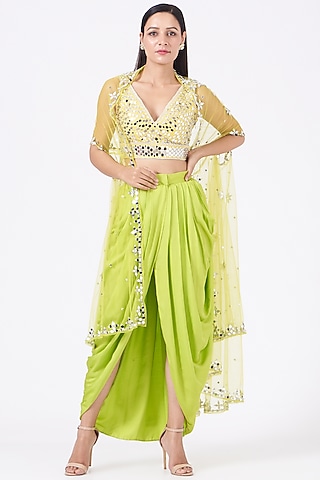 Yellow Embroidered Blouse With Dhoti Skirt & Orange Cape by Preeti S Kapoor