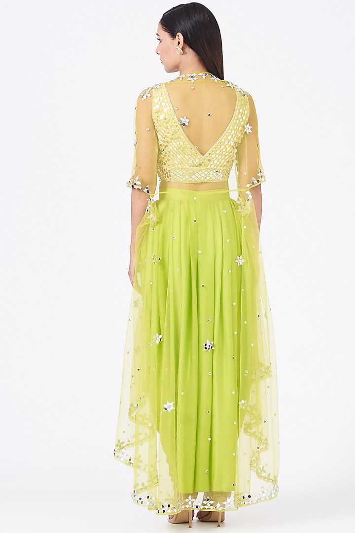 Yellow Embroidered Blouse With Dhoti Skirt & Orange Cape by Preeti S Kapoor at Pernia's Pop Up Shop