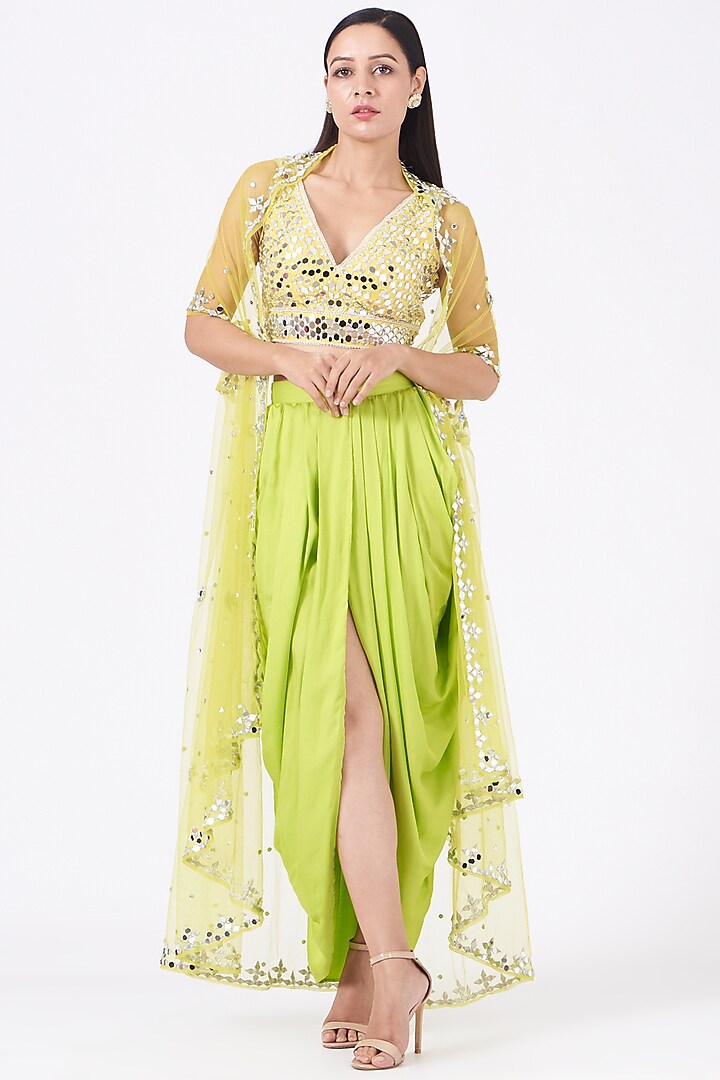 Yellow Embroidered Blouse With Dhoti Skirt & Orange Cape by Preeti S Kapoor at Pernia's Pop Up Shop