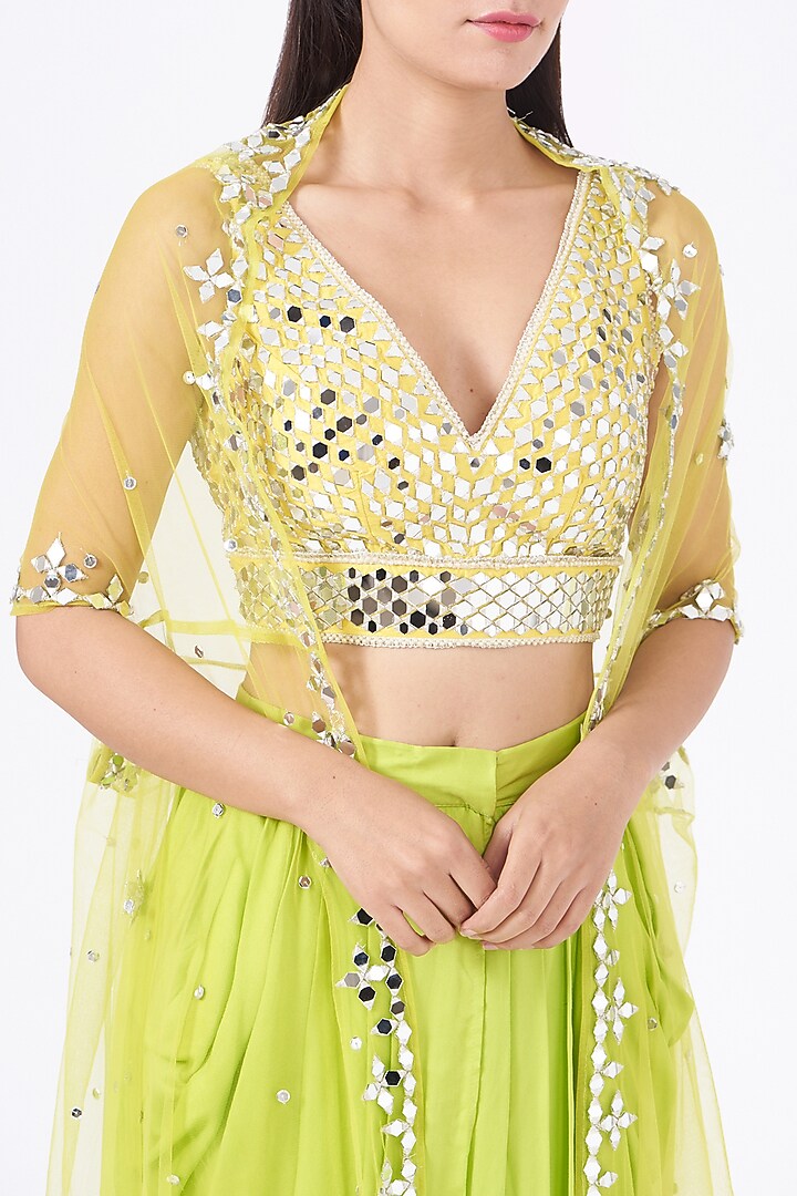 Yellow Embroidered Blouse With Dhoti Skirt & Orange Cape by Preeti S Kapoor at Pernia's Pop Up Shop