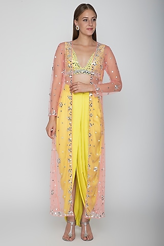 Yellow Embroidered Blouse With Dhoti Skirt & Blush Pink Cape by Preeti S Kapoor