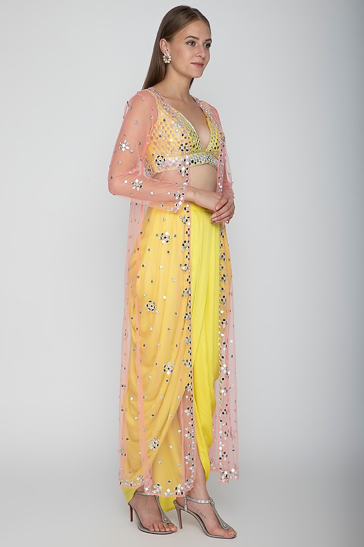 Yellow Embroidered Blouse With Dhoti Skirt & Blush Pink Cape by Preeti S Kapoor at Pernia's Pop Up Shop