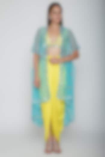 Yellow Embroidered Blouse With Dhoti Skirt & Sky Blue Cape by Preeti S Kapoor