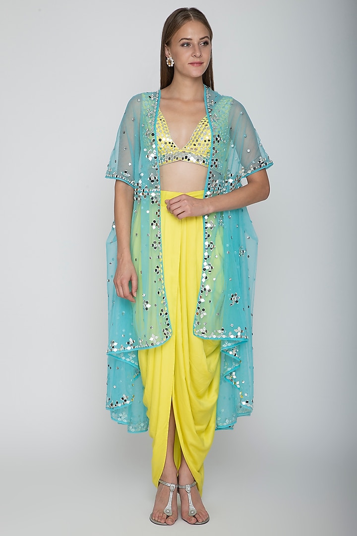Yellow Embroidered Blouse With Dhoti Skirt & Sky Blue Cape by Preeti S Kapoor